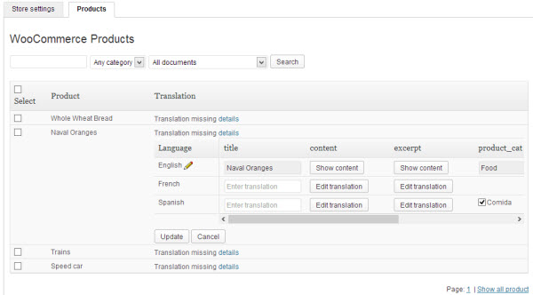 WPML Multilingual & Multicurrency for WooCommerce products table (click to zoom)