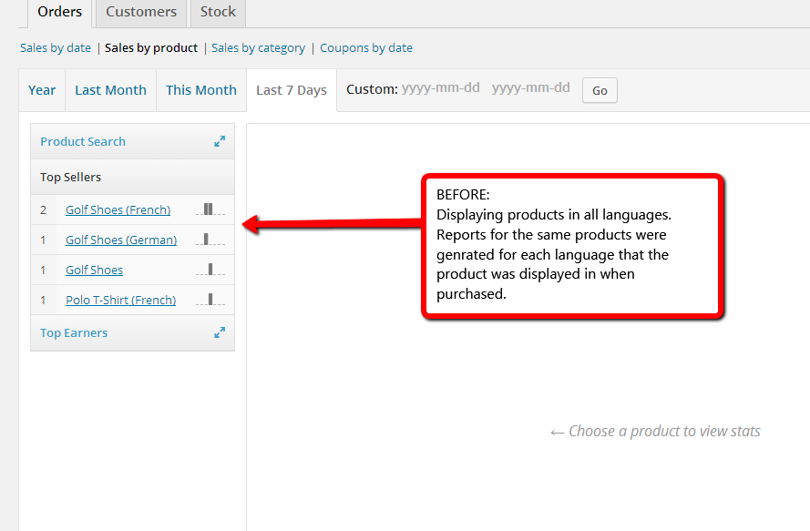 المبيعات حسب المنتج (قبل WPML Multilingual & Multicurrency for WooCommerce 3.3)