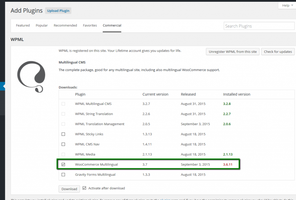 Installing and upgrading WPML Multilingual & Multicurrency for WooCommerce from the WordPress admin using the WPML subscription.