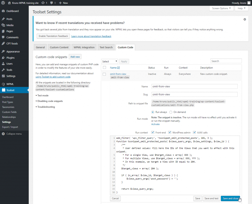Schermata di amministrazione per aggiungere codice personalizzato usando Toolset