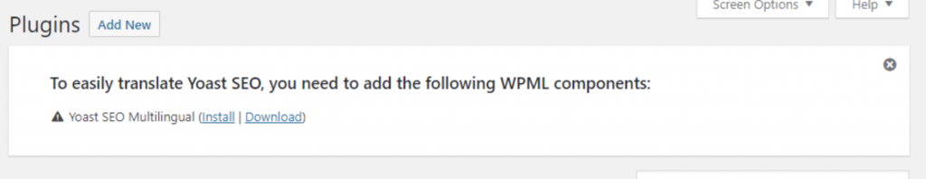 Wrong message for the Yoast SEO Multilingual missing plugin