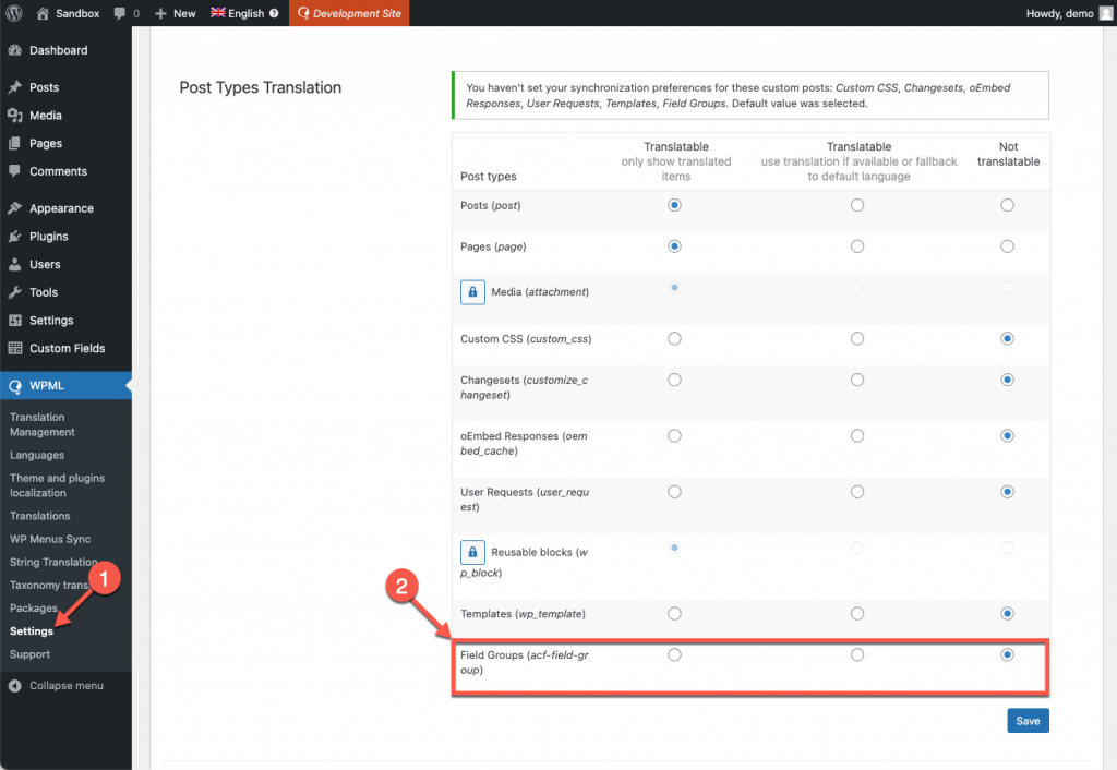 Setting field groups as Not Translatable