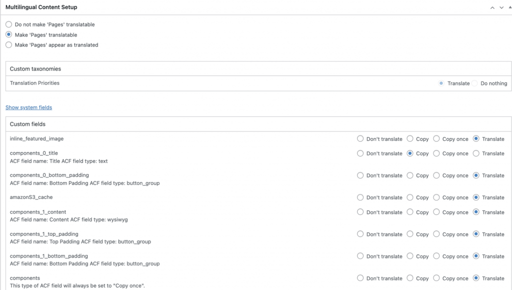 WPML multilingual content setup meta box