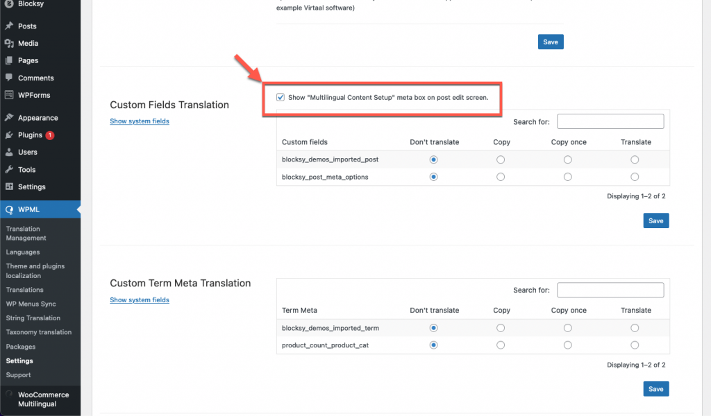 Enabling the Multilingual Content Setup meta box