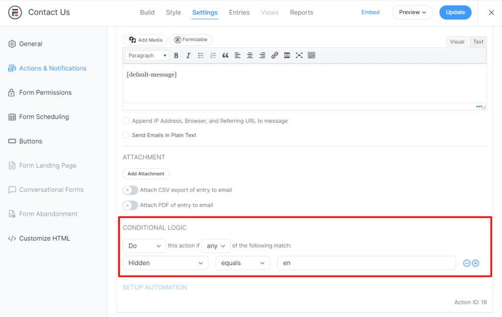 Definindo a lógica condicional para o e-mail em inglês