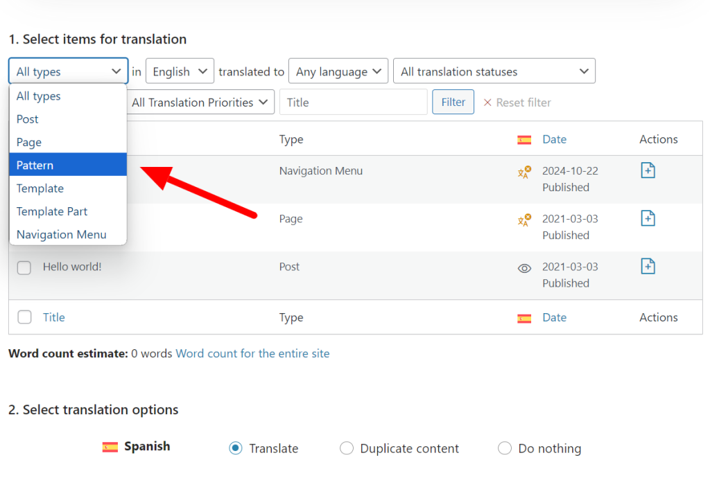 Traduzione dei pattern nella dashboard di Gestione traduzioni