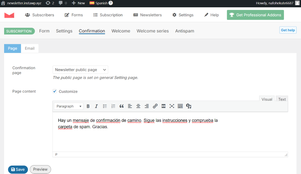 Saisie des traductions pour le message de confirmation