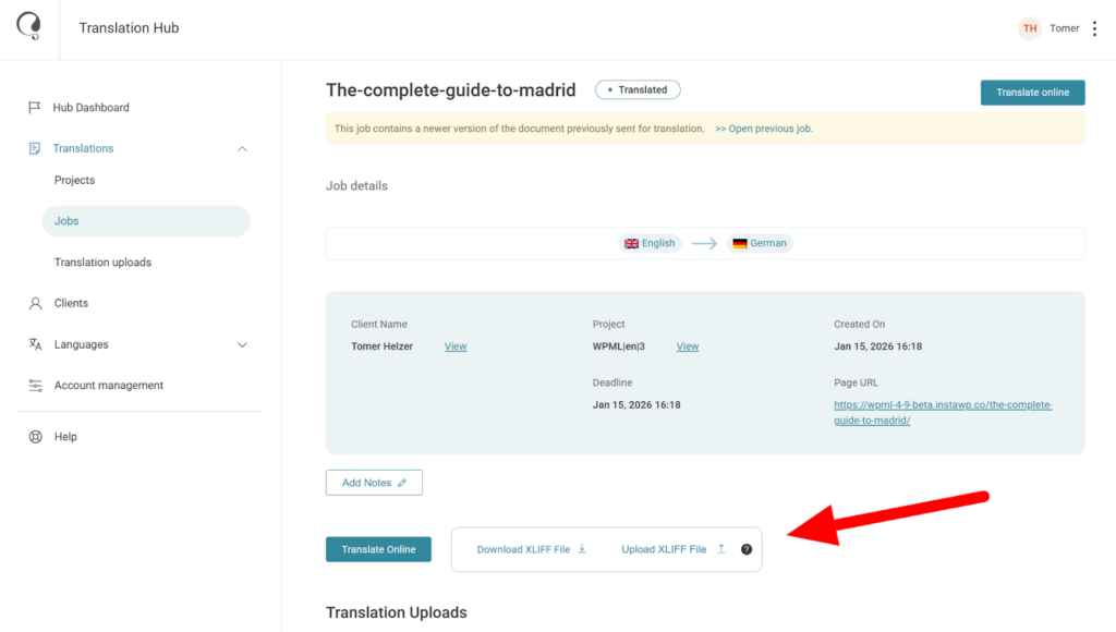 Option de téléchargement de fichier XLIFF sur une page de détails de tâche de traduction