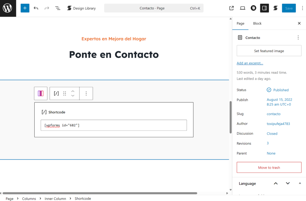 Entering shortcode of translated form on page