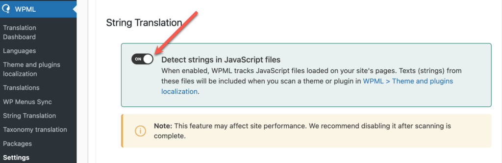אפשרות לזהות מחרוזות Javascript לתרגום בהגדרות WPML