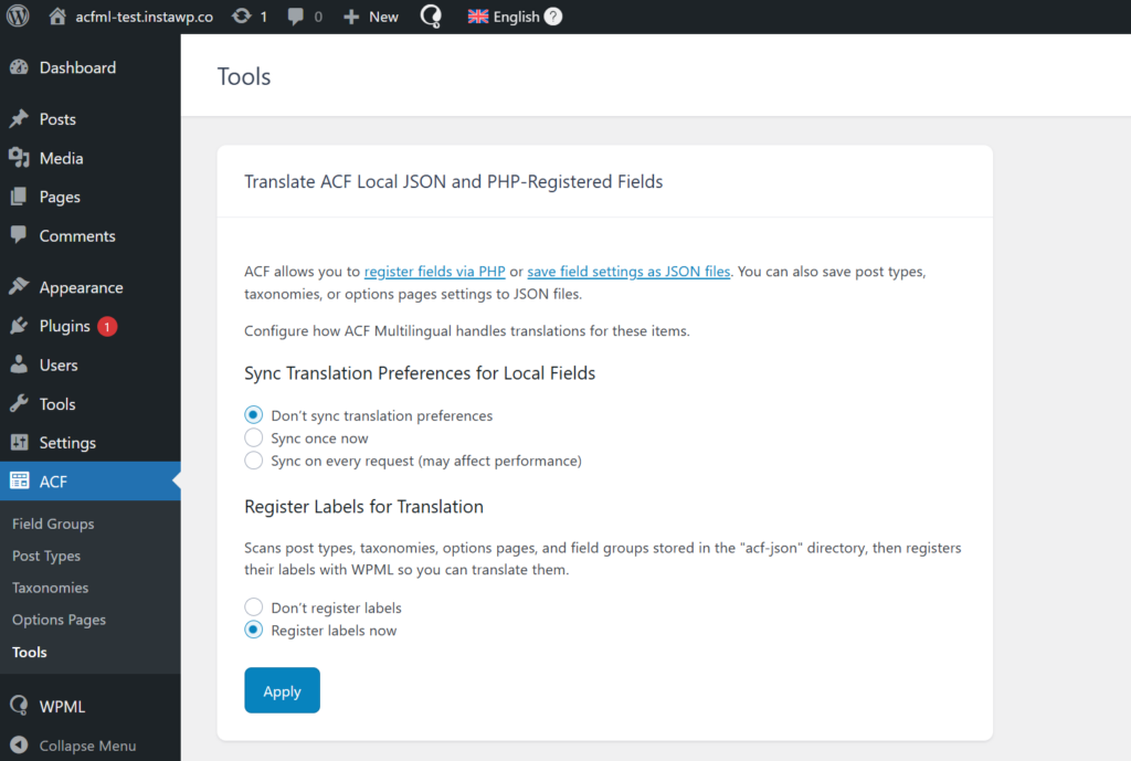 Local content settings in ACF → Tools