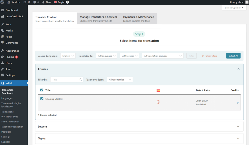 Selecting course components in Translation Dashboard