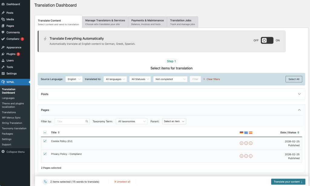 screen of translating complianz legal documents via the Translation Dashboard
