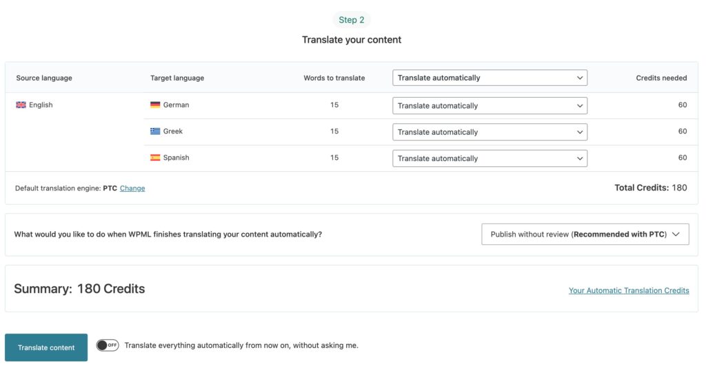 view of sending content for automatic translation in wpml