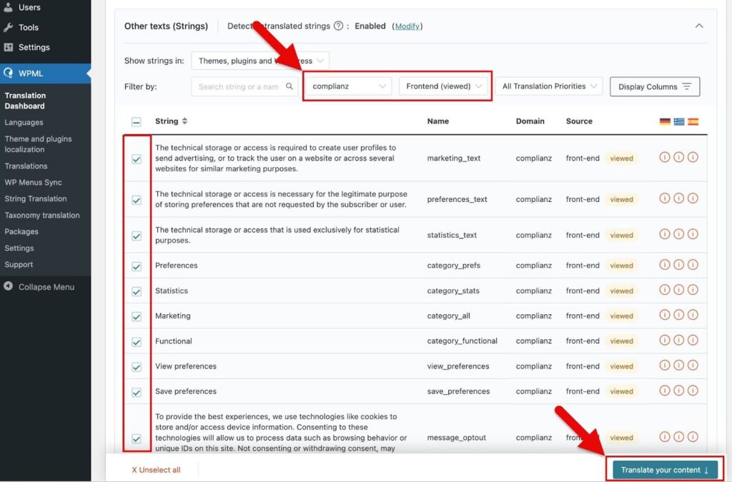 translating complianz strings via the translation dashboard in wpml