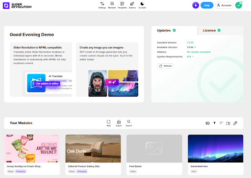 WPML 호환성 알림을 표시하는 Slider Revolution Plugin Dashboard